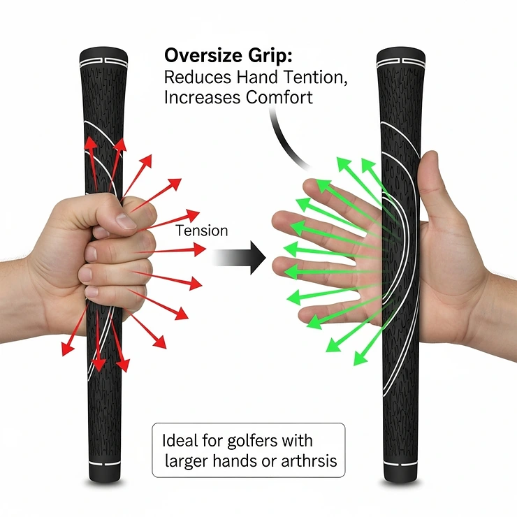 Diagram illustrating how an oversize golf grip can reduce hand tension and provide a more comfortable feel, beneficial for golfers with larger hands or arthritis.