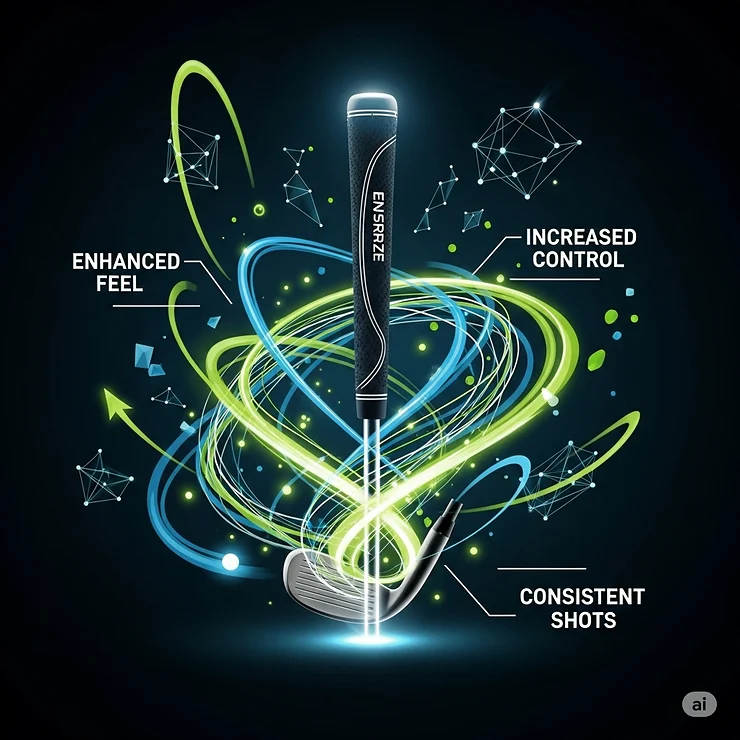 Abstract illustration representing the enhanced feel and increased control that golfers experience when using oversize golf grips, leading to more consistent shots.