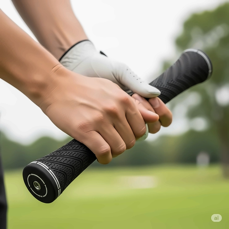 A close-up of a golfer's hands holding an oversize golf grip, highlighting the comfortable and secure feel for improved control on the course.