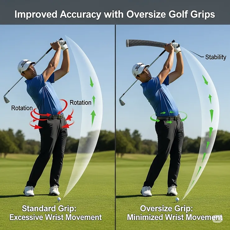 Graphic demonstrating how oversize golf grips can help minimize excessive wrist movement, promoting a more stable and controlled swing for improved accuracy.
