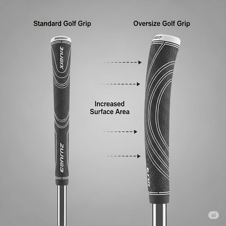 Comparison diagram showing the distinct difference in size between a standard golf grip and an oversize golf grip, illustrating the increased surface area.