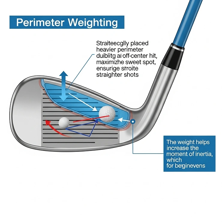 Diagram illustrating perimeter weighting in a golf iron, a technology that makes clubs more forgiving for new golfers.