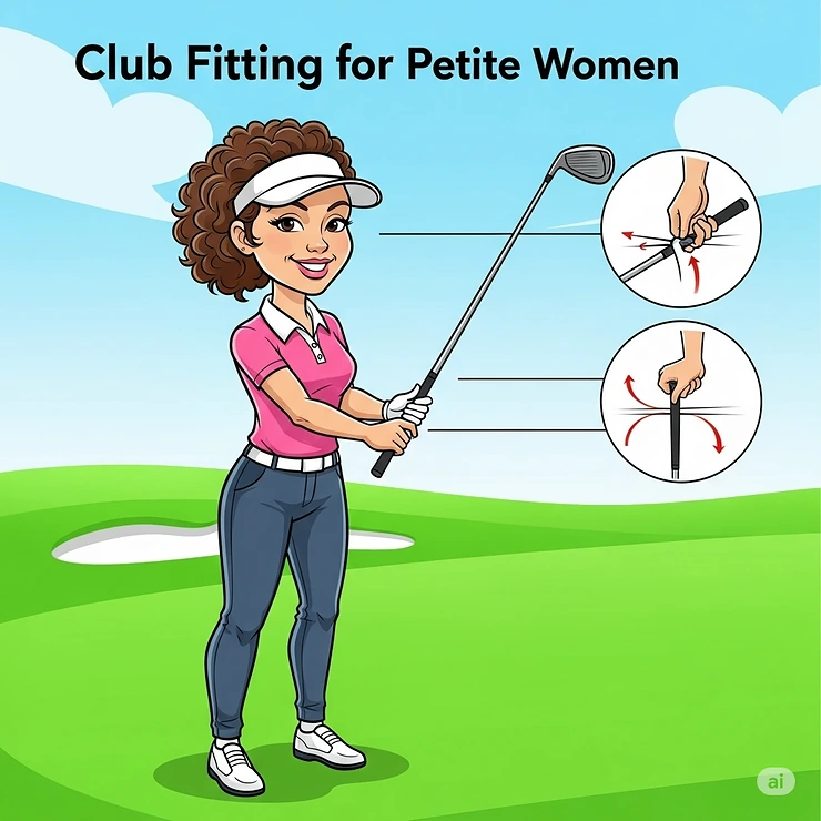 A petite woman comfortably holding a ladies petite golf club, illustrating the ideal length and grip for improved control and swing.