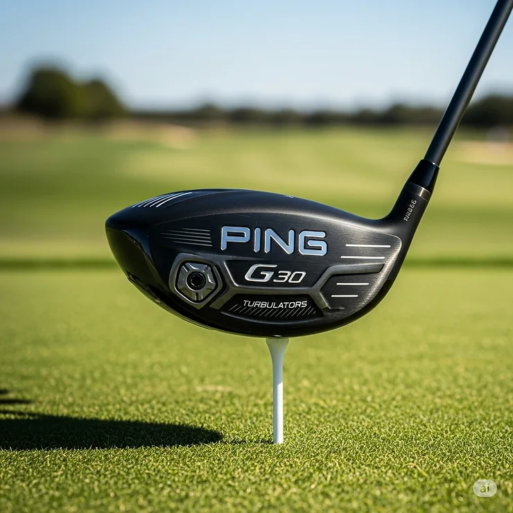 Close-up of a Ping G30 golf driver on a tee, showcasing its turbulators and sleek black finish, ready for a powerful drive down the fairway.