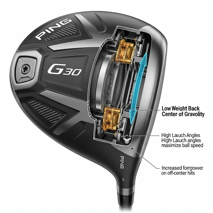 Cutaway illustration of the Ping G30 driver's internal weighting, emphasizing its low and back center of gravity for high launch and forgiveness.