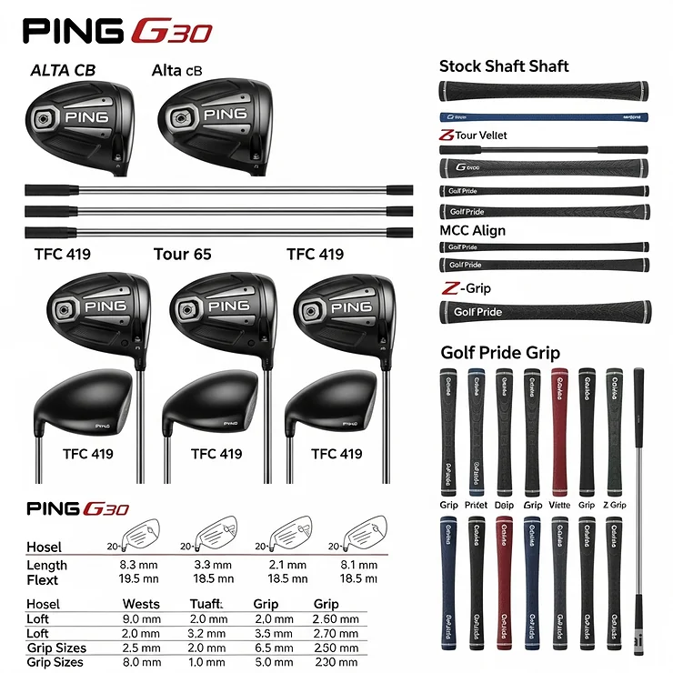 Visual representation of various stock shaft and grip options available for the Ping G30 golf driver, allowing golfers to customize their club.