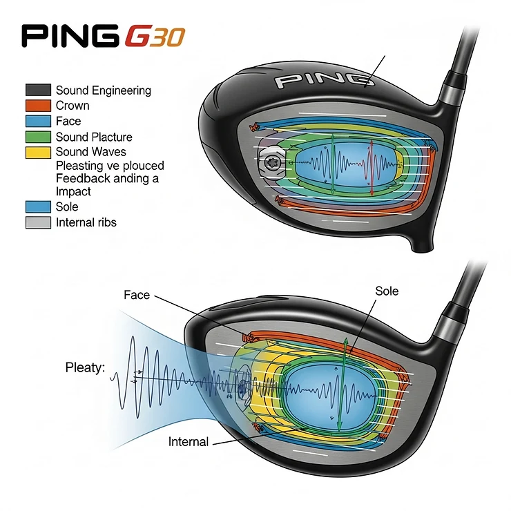 Diagram depicting the sound engineering within the Ping G30 driver head, illustrating how internal ribs contribute to a pleasing impact sound and feel.