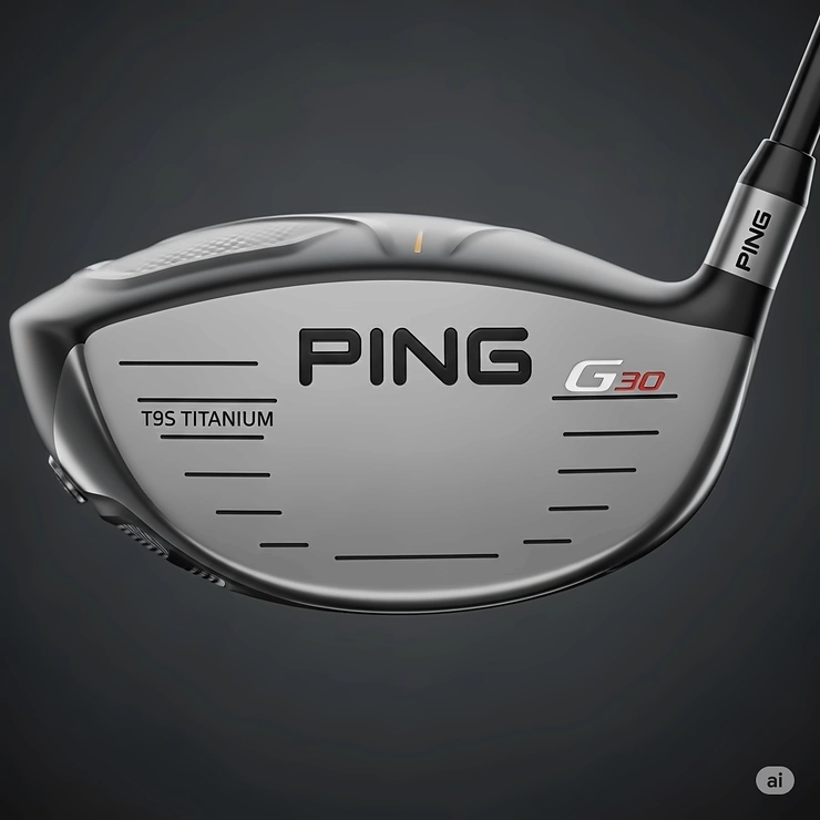 Close-up of the T9S titanium face of the Ping G30 golf driver, illustrating its thin design for increased ball speed across the entire face.