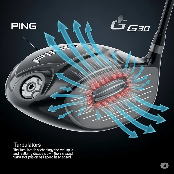 Detailed illustration highlighting the turbulator technology on the crown of the Ping G30 driver, designed to reduce aerodynamic drag for faster clubhead speed.