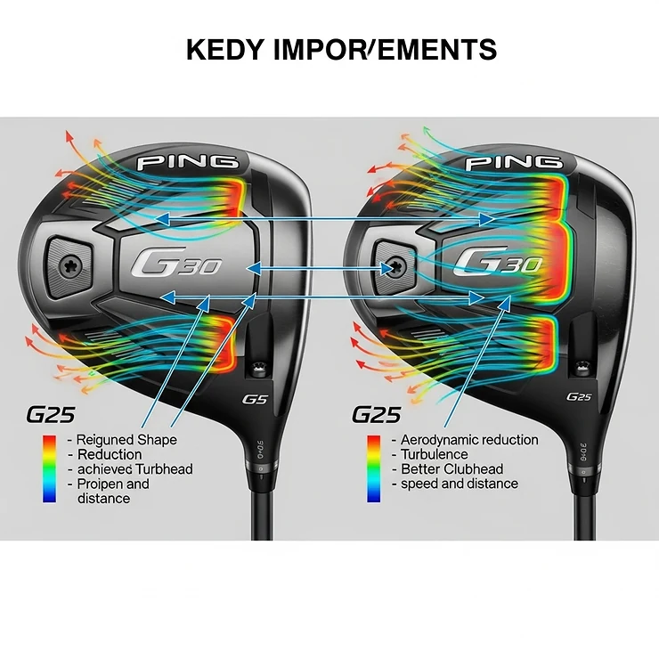 Side-by-side comparison illustrating key design improvements of the Ping G30 golf driver over the previous G25 model, showcasing aerodynamic enhancements.