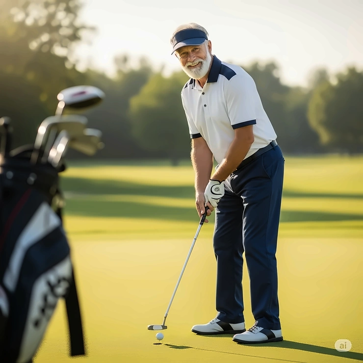 A smiling senior golfer making a putt, reflecting the improved approach shots and overall game enhancement from using the best golf irons for seniors.