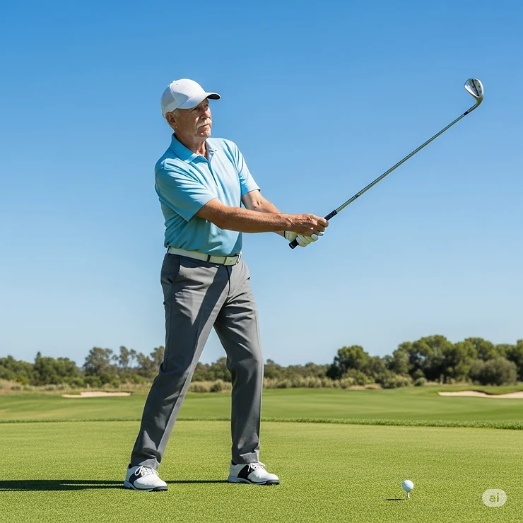 Dynamic shot of a senior golfer demonstrating a smooth swing with a lightweight, forgiving iron, ideal for those seeking the best golf irons for seniors.