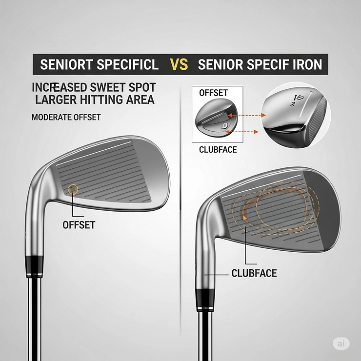 Visual comparison of a standard golf iron and a senior-specific iron, highlighting features like increased offset and larger clubface that make them the best golf irons for seniors.