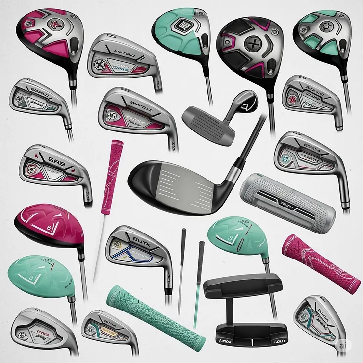 A vibrant collage showcasing a range of stylish designs and appealing colors available for modern ladies petite golf clubs, offering choice and personal flair.
