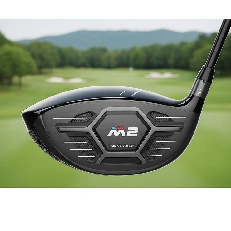 A close-up of the TaylorMade M2 driver clubface and sole, showcasing its technology, set against a blurred golf course background, highlighting its performance for golfers.
