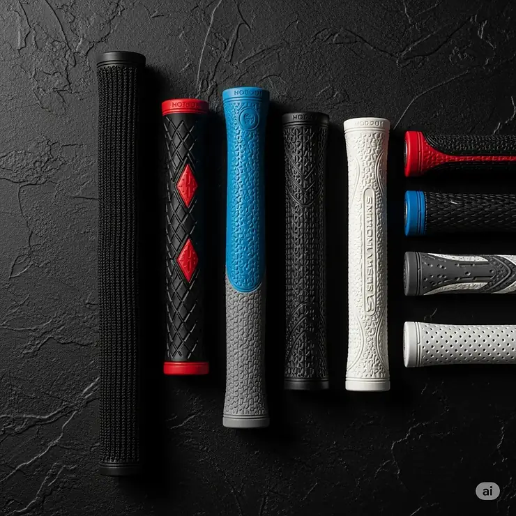 Visual showcasing various textures and materials available for oversize golf grips, including cord, rubber, and hybrid options, to suit different player preferences.