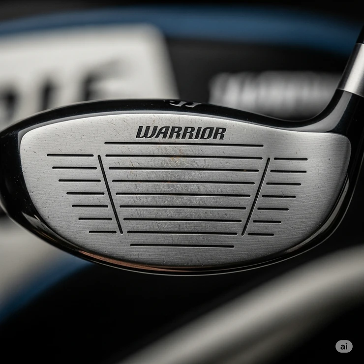 Macro shot illustration of a Warrior golf club face, showcasing the advanced technology and textured surface for optimal spin.