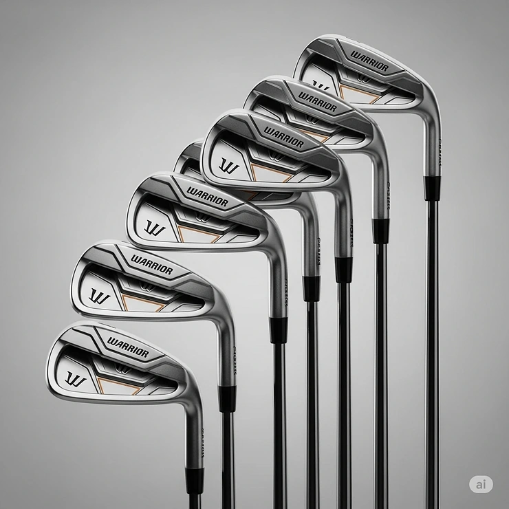 Detailed illustration of a set of Warrior golf irons, highlighting their precision grooves and balanced feel for consistent shots.