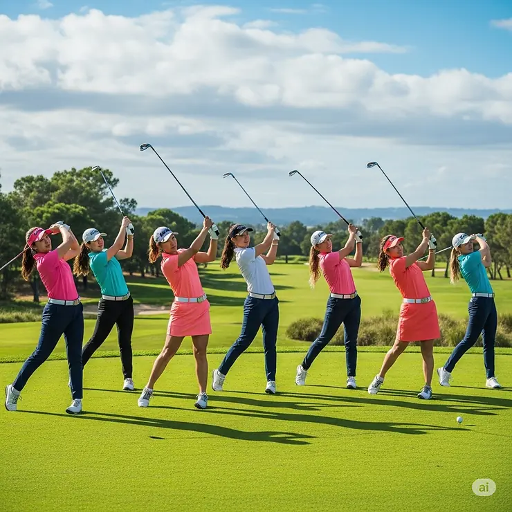A group of diverse women golfers enjoying a round, each equipped with their appropriate left-handed golf clubs, promoting inclusivity.