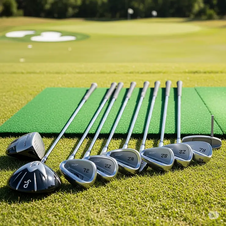A complete starter set of women's left-handed golf clubs, ideal for beginners, laid out on a practice range.