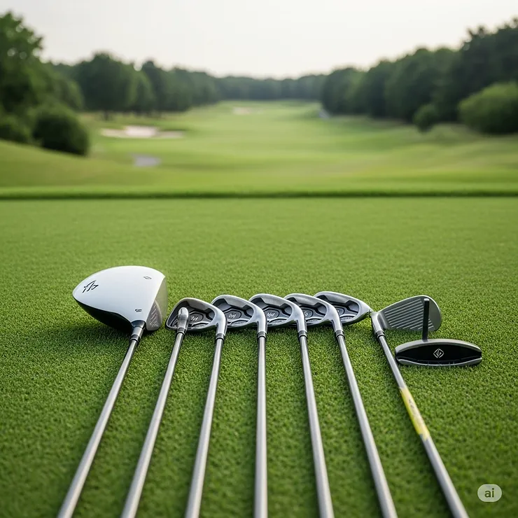 A full set of women's left-handed golf clubs, including a driver, irons, and putter, neatly arranged on a golf course with a vibrant green fairway in the background.