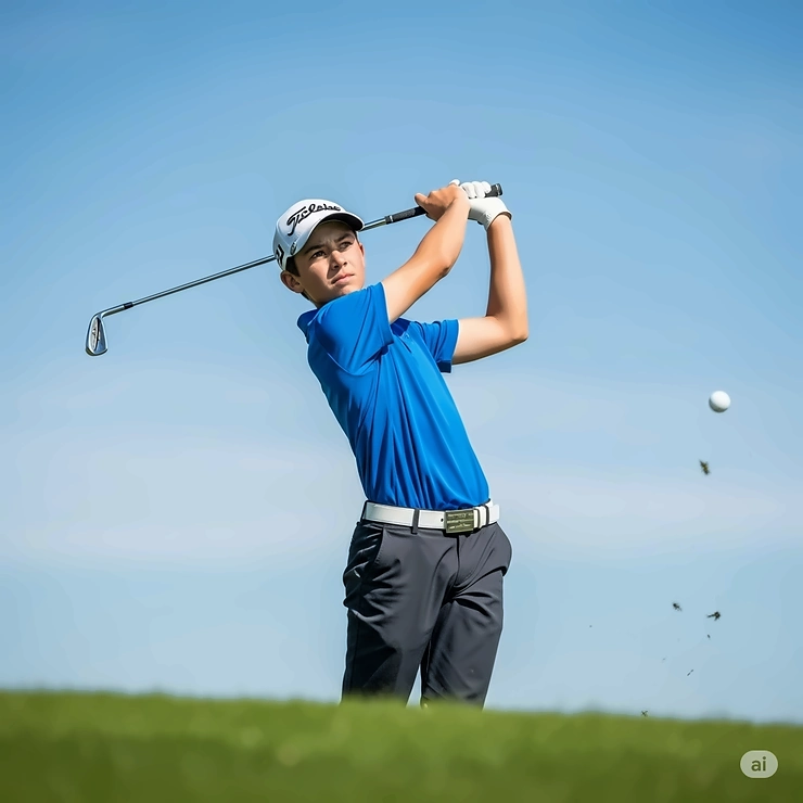 A young left-handed golfer in mid-swing, demonstrating the proper use of left junior golf clubs.
