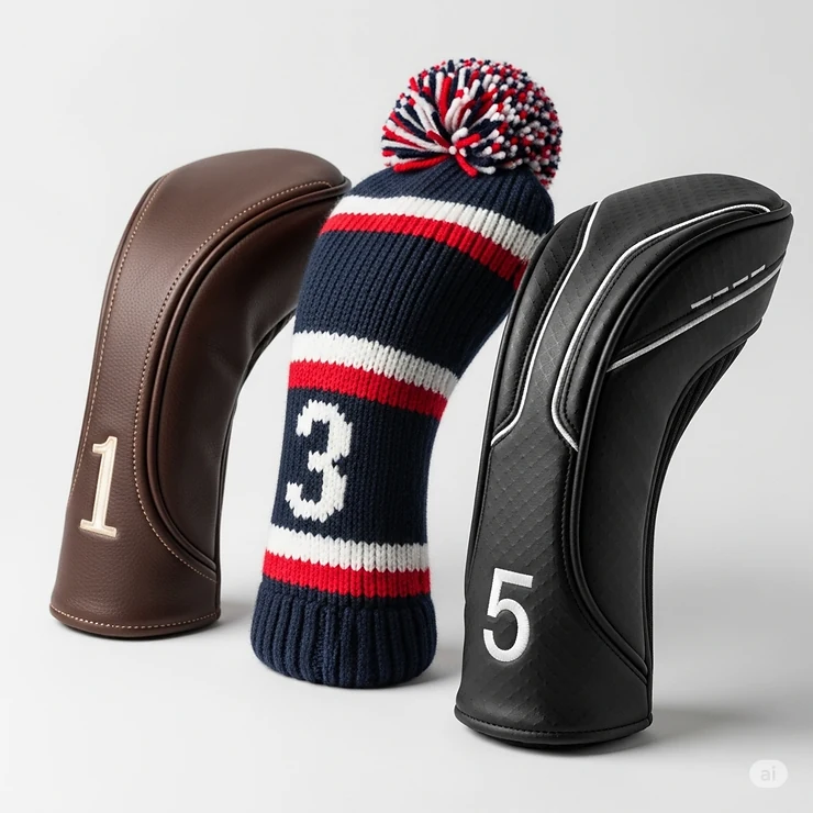 A collection of stylish and protective 3 wood golf club head covers in various designs and materials, including knit, leather, and neoprene, ideal for protecting your fairway woods.