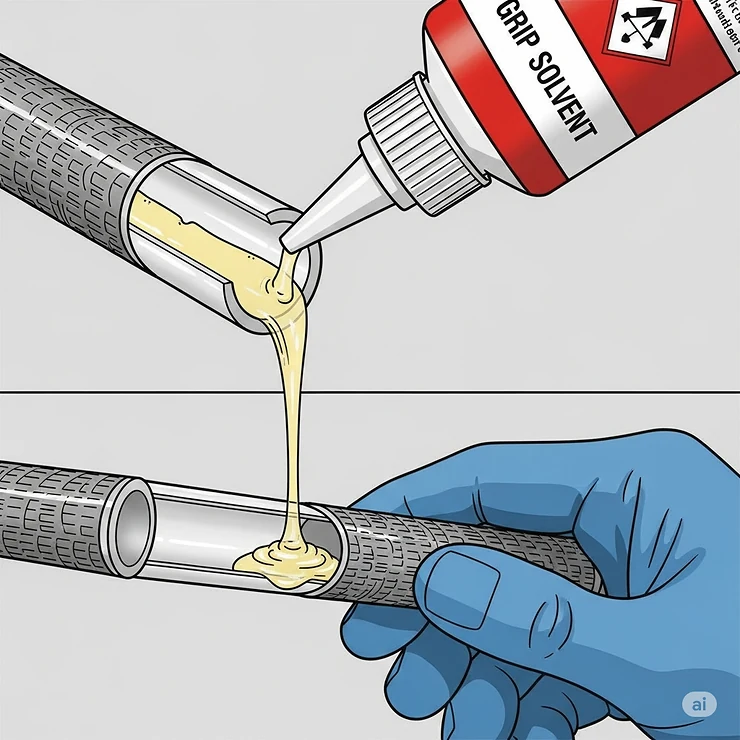 A step-by-step illustration showing how to apply golf grip solvent to the inside of a new golf grip.