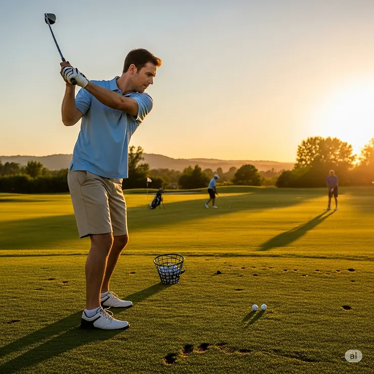 A beginner golfer practicing their swing with an iron that has a forgiving graphite shaft, which can help with consistency and control.