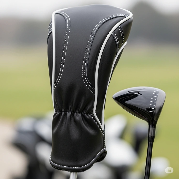 A sleek, black leather golf driver headcover with contrasting white stitching, demonstrating its secure fit on the club head.