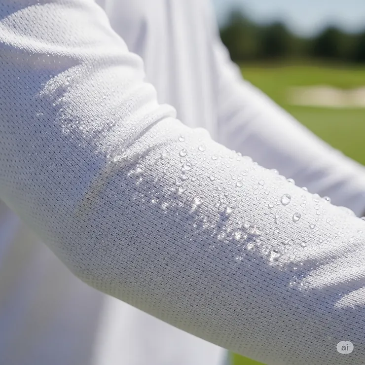 A visual representation of the breathable, moisture-wicking fabric used in the long sleeve sun protection golf shirt, ideal for hot weather.