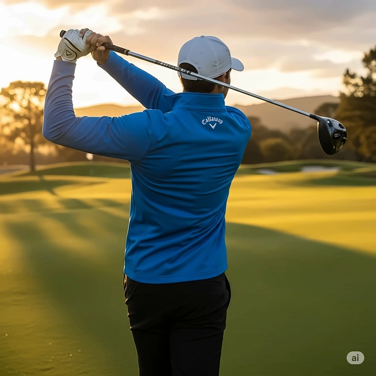 A golfer in a blue Callaway quarter zip swinging a club, showing the jacket's full range of motion.