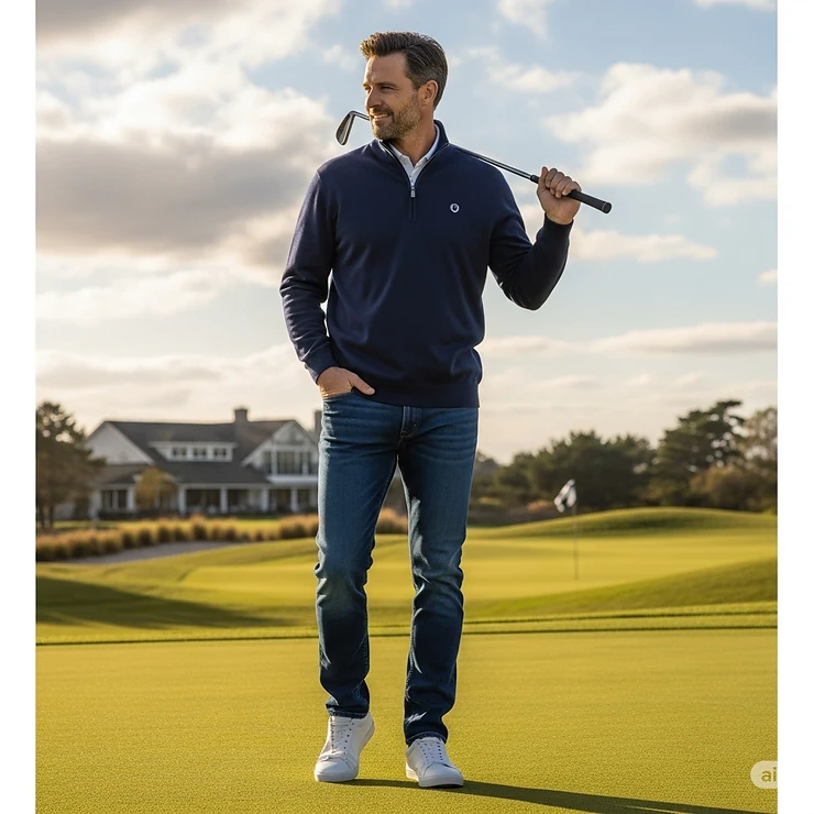 A versatile men's quarter-zip worn casually with jeans, suitable for both on and off the golf course.