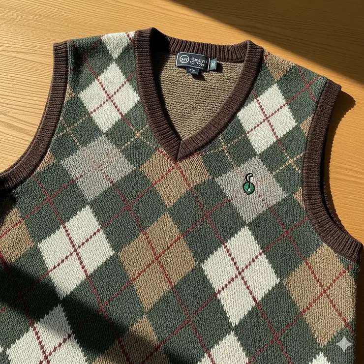 A detailed view of a classic argyle sweater vest, a staple piece of retro golf clothes.