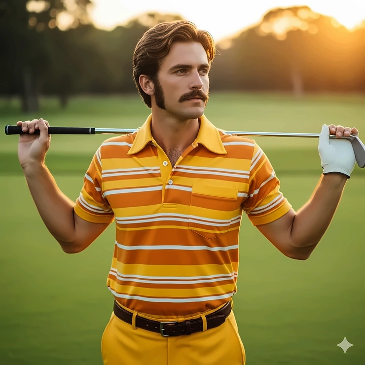 A vibrant image of a man wearing a bright yellow and orange striped polo shirt, popular in 1970s retro golf clothes.