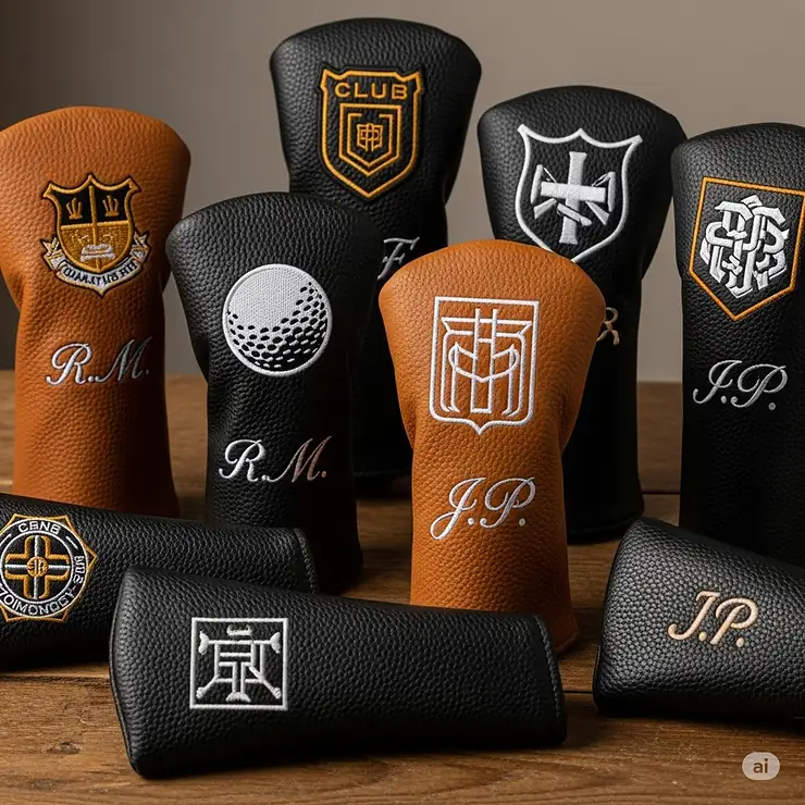 An assortment of custom leather golf headcovers featuring various embroidered logos and personalized initials.