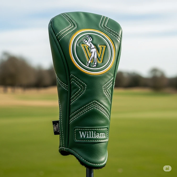 A unique, custom-designed fairway wood headcover with a personalized logo, demonstrating the possibilities for a golfer to express their personality on the course.