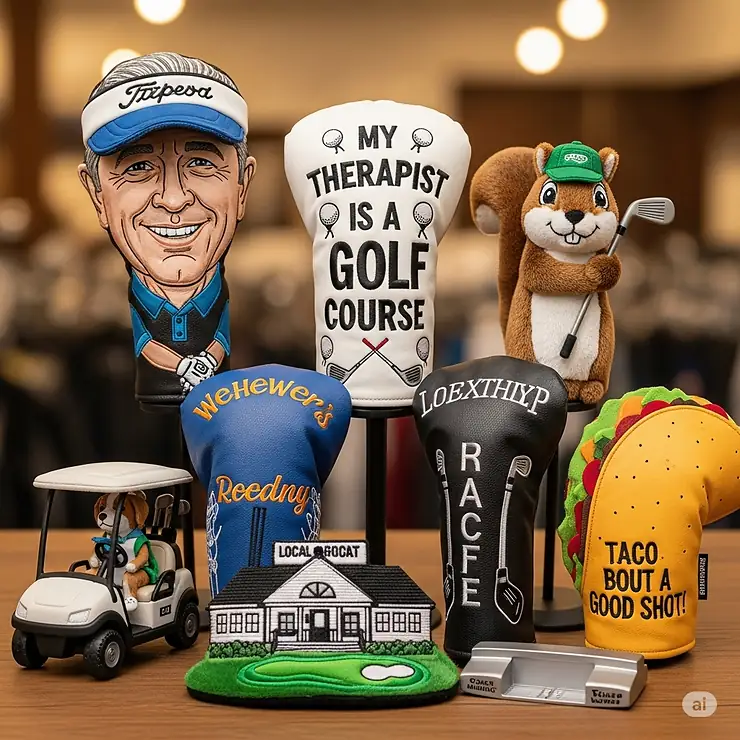 A display of custom-made funny golf covers featuring personalized designs, such as a caricature of the golfer or a specific inside joke.