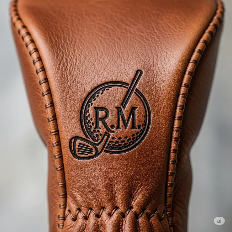 A close-up shot of a custom-engraved leather golf driver headcover, featuring a personalized logo and a rich brown texture.