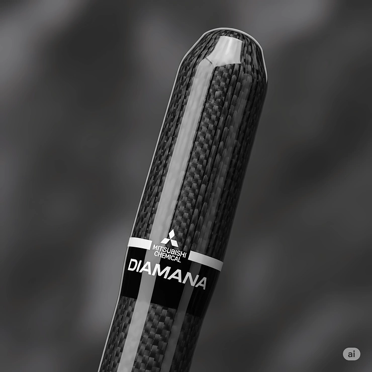 A close-up of the tip section of a Diamana golf shaft, highlighting the material and design that influence ball trajectory and spin.