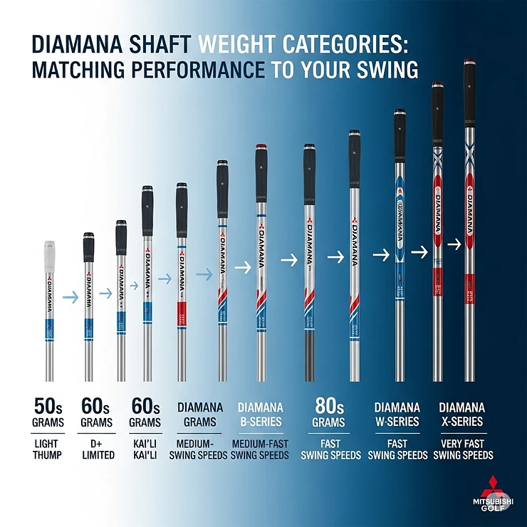 A graphic illustrating the various weight categories of Diamana shafts, from lightweight to heavy, to match different swing speeds.