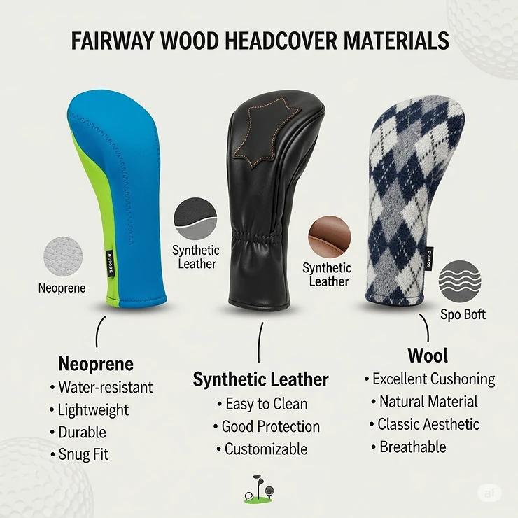 An infographic-style image showing different materials used for fairway wood headcovers, such as neoprene, synthetic leather, and wool, with callouts detailing the benefits of each.