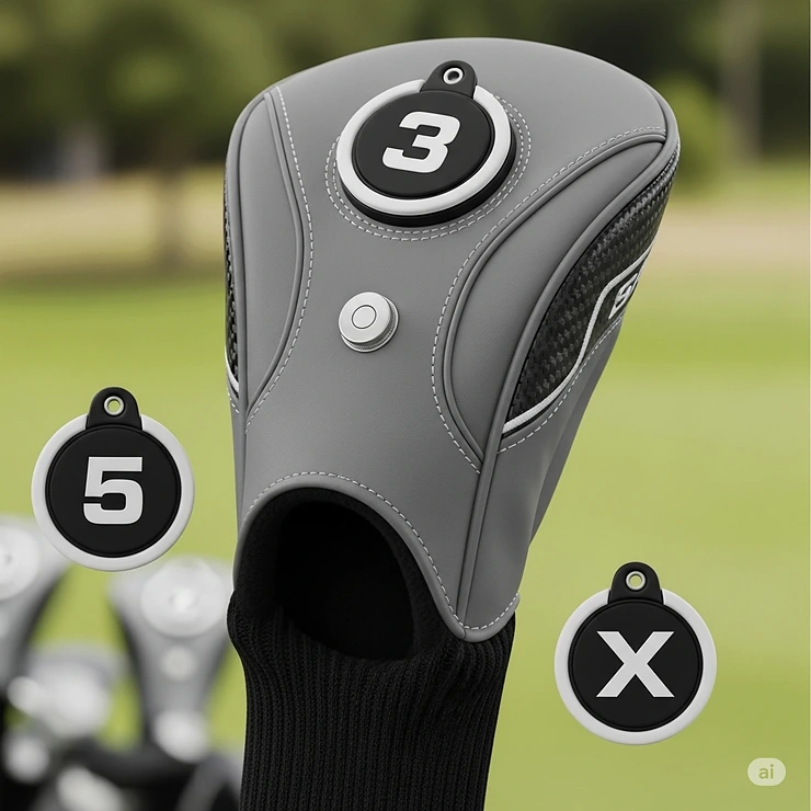 A detailed view of a modern fairway wood headcover with an interchangeable tag system, allowing golfers to easily switch between numbers 3, 5, and X.