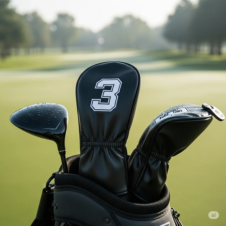 A close-up shot of a sleek, black leather fairway wood headcover with a prominent number '3' embroidered on it, resting on a golf bag next to a driver.