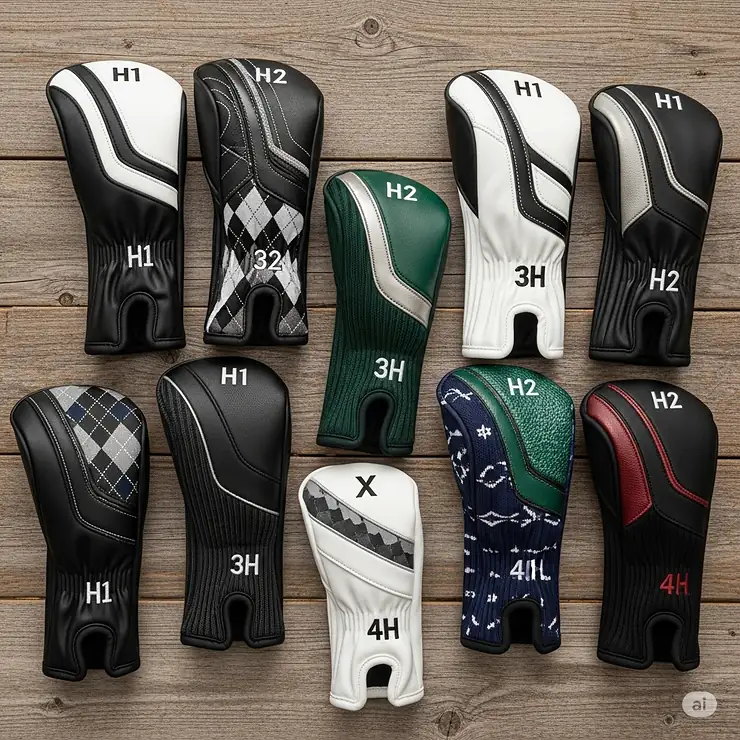 A collection of modern, stylish, and durable hybrid golf club headcovers, displayed on a weathered wooden surface. Each cover features a unique design, blending materials like synthetic leather and knitted fabrics, and showcases different patterns and colors.