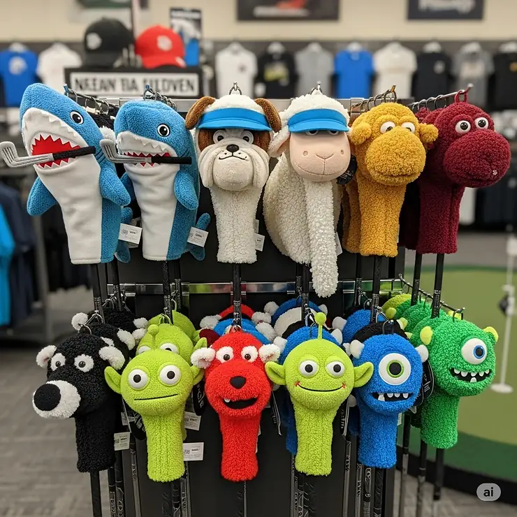 A variety of plush, stuffed-animal-like funny golf club covers hanging on a rack at a pro shop, ready for purchase.