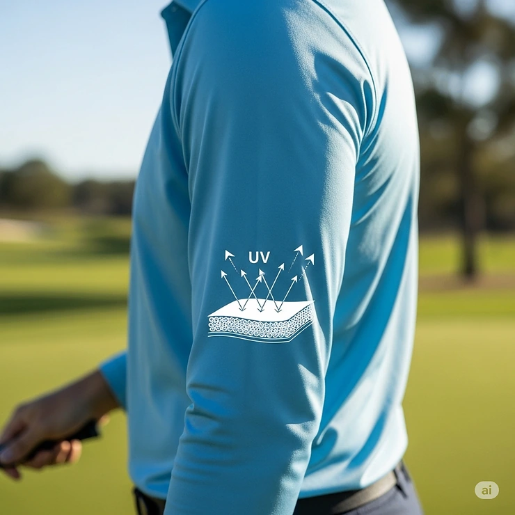 A golfer's arm in a long sleeve sun protection golf shirt, with a graphic illustrating how the fabric blocks harmful UV rays.