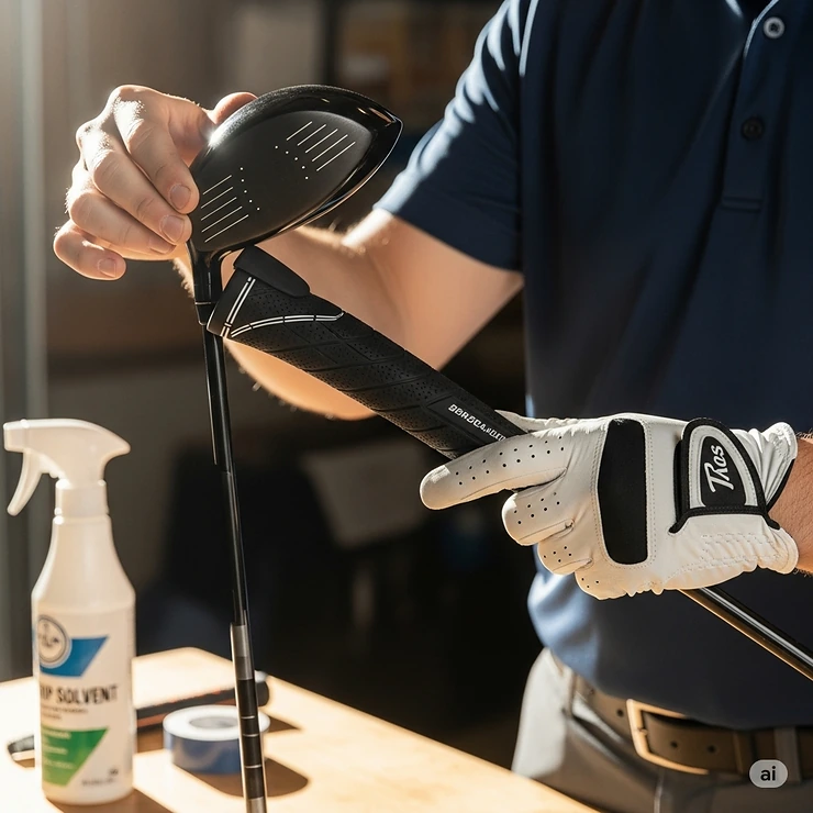 A person in the process of re-gripping a golf club with a new oversize jumbo golf grip, demonstrating the ease of installation.