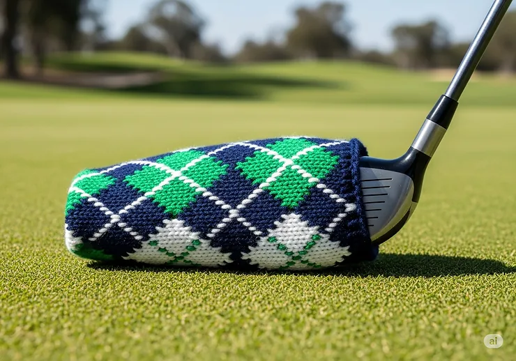 A knit golf head cover snugly protecting a hybrid club on the green, highlighting its practical use.