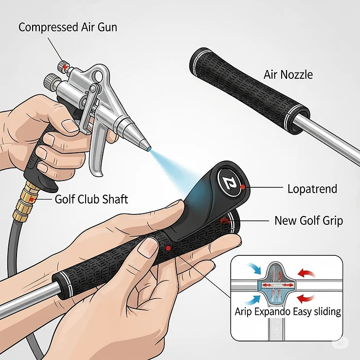 An illustration showing how to use a compressed air gun to install a new golf grip, an alternative to using golf grip solvent.
